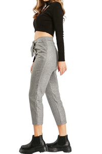 Ladies Grey Metallic Insert Stripes Buckle Belted Cropped Capri Trousers