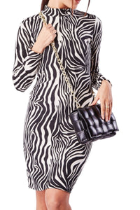 Ladies Black Cream Zebra Print High Neck Long Sleeve Dress