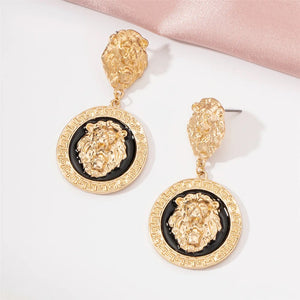 Ladies Round 18K Gold Plated Embossed Lion Head Dangling Earrings