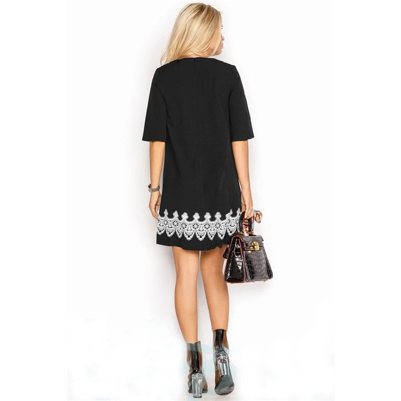 Black & White Lace Floral Layered Hem Shortsleeve Mini Dress