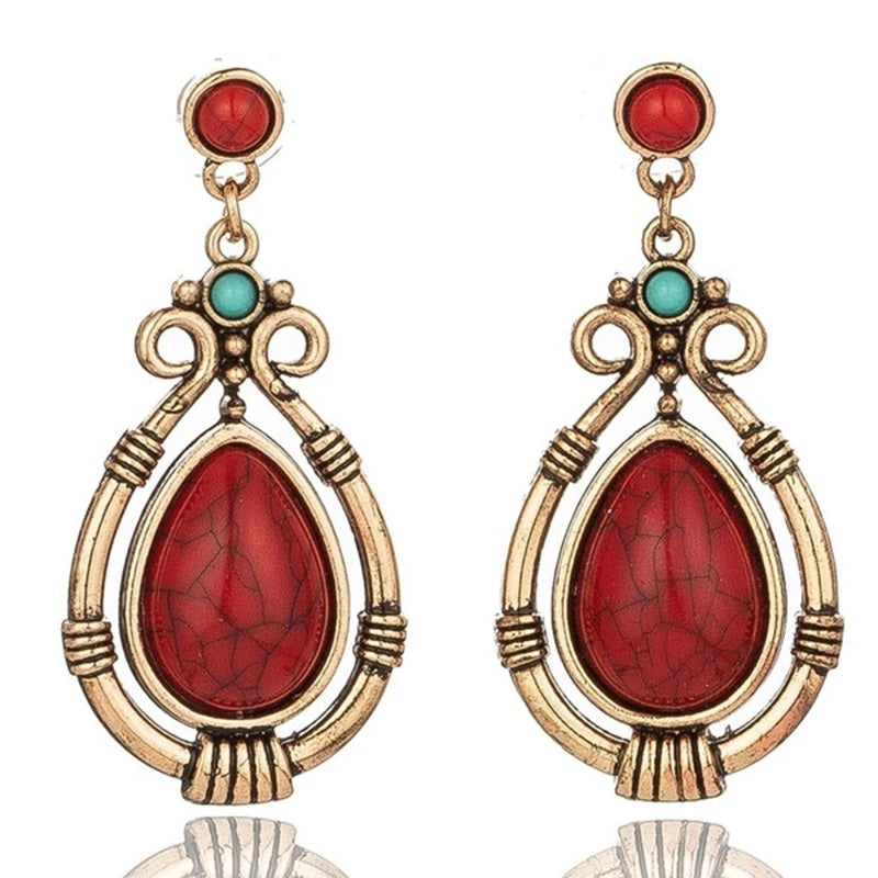 Ladies Ethnic Retro Tibetan Red Turquoise Water Drop Earrings