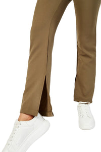Ladies Olive High Waist Side Slit Hem Stretch Full Length Trousers