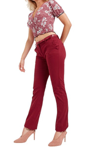Ladies Wine Belted Skinny Fit Soft Cotton Rich Stretchy Mid Rise Trouser