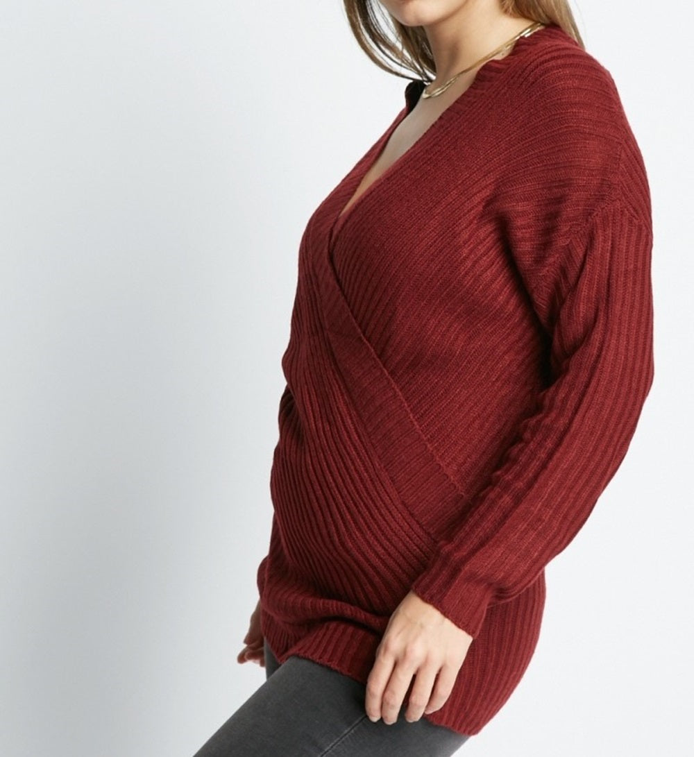 Ladies Maroon Wrap V-Neck Ribbed Long Sleeve Pullover Womens Sweater Jumper