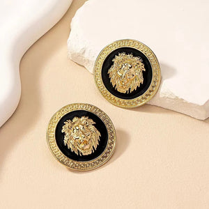 Ladies Lion Head Gold Plated Round Drop Stud Earrings