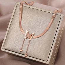 Load image into Gallery viewer, Ladies Butterfly Rose Gold Stainless Steel Blade Snake Chains Choker Necklace
