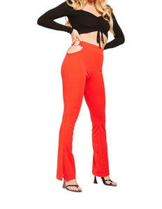 Ladies O-Ring Cut Out Side Flared Stretchy Elasticated Waist Trousers