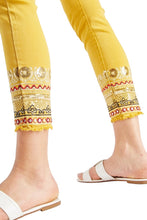 Load image into Gallery viewer, Ladies Mustard Faux Mirror Sequin Embroidery Hem Cropped Trousers
