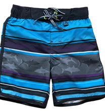 Load image into Gallery viewer, Boys Black Stripe Fish Print Surf Swim Trunks Swimming Shorts
