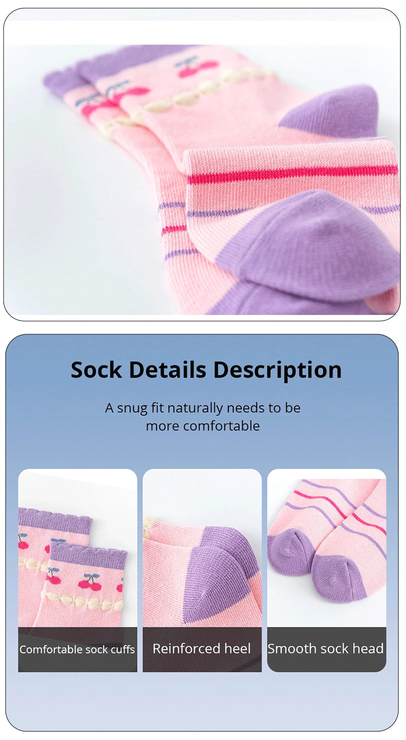 Girls Pink Multi Cherry Bunny Print No Seam Cuffs Pack of 5 Ankle Socks