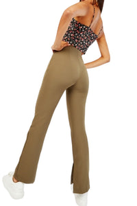 Ladies Olive High Waist Side Slit Hem Stretch Full Length Trousers