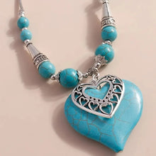 Load image into Gallery viewer, Ladies Silver Turquoise Beads Heart Pendant &amp; Ring Set
