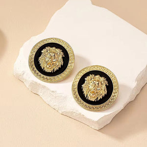 Ladies Lion Head Gold Plated Round Drop Stud Earrings