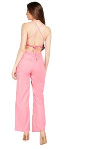 Ladies Fuchsia Lace Up Tie Back Wide Slit Side Leg Jumpsuit