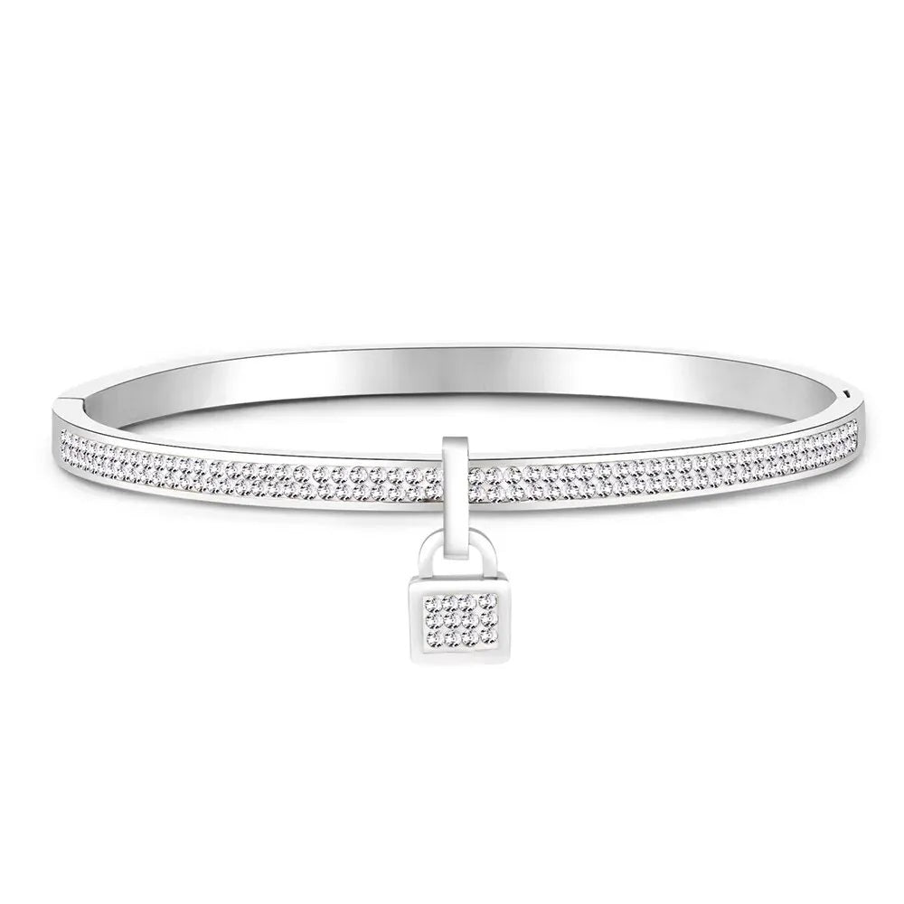 Ladies Luxury Crystal Lock Pendant Titanium Steel Bracelet Bangles