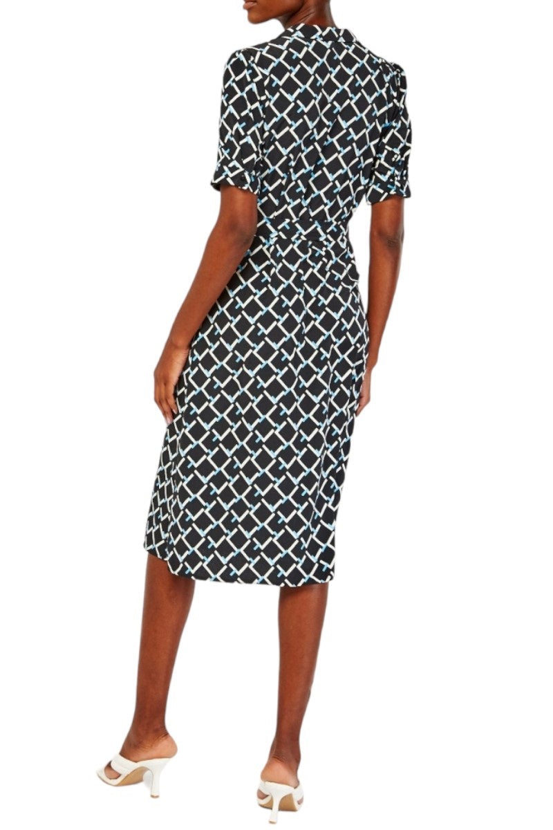 Ladies Black Multi Lapel Collared Print Belt Midi Dress