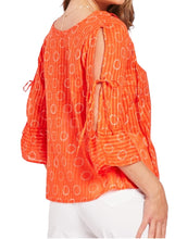 Load image into Gallery viewer, Ladies Orange Circular Print Open Tie Sleeve Cotton Tops

