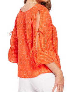 Ladies Orange Circular Print Open Tie Sleeve Cotton Tops