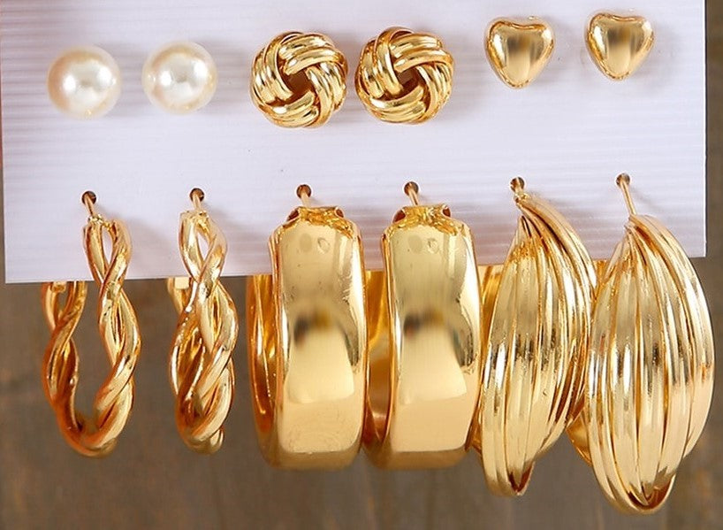 Ladies Gold Smooth Twist Hoop Faux Pearl Heart 6 Pair Earrings
