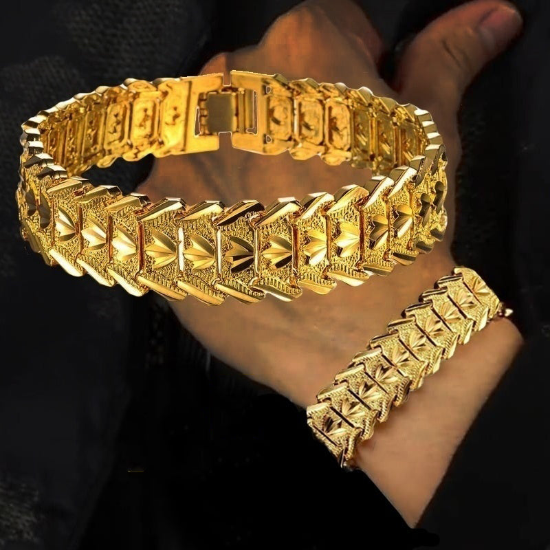 Mens Ladies Unisex 24K Gold Plated Wide Floral Carved Link Pattern Bracelets