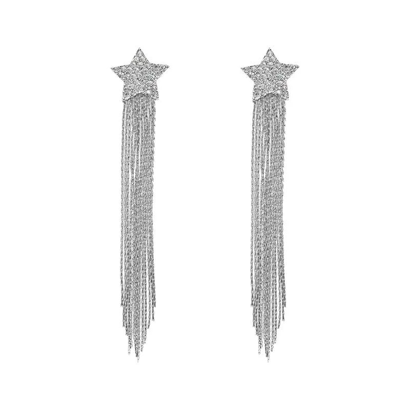 Ladies Silver Star Five-pointed Long Tassel Dangling Party Earrings