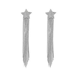 Ladies Silver Star Five-pointed Long Tassel Dangling Party Earrings