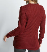 Load image into Gallery viewer, Ladies Maroon Wrap V-Neck Ribbed Long Sleeve Pullover Womens Sweater Jumper
