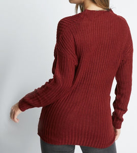 Ladies Maroon Wrap V-Neck Ribbed Long Sleeve Pullover Womens Sweater Jumper