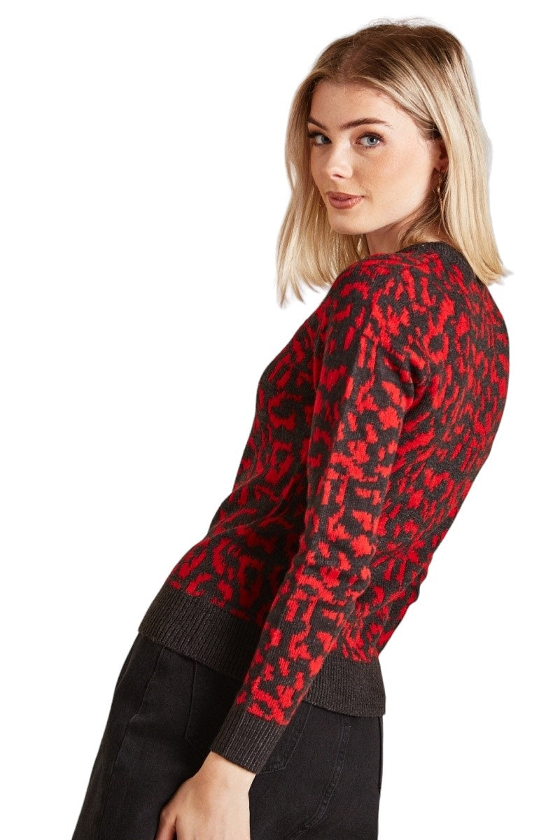 Ladies Black & Magenta Ribbed V-Neck Knitted Jumper