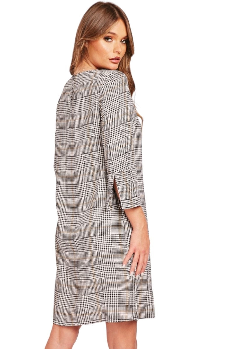 Ladies Ellos Black Multi Glencheck Print 3/4 Sleeves Shift Dress