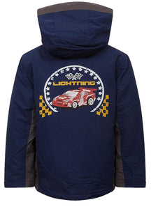 Boys Navy Car Racing Hooded Contrast Trim Winter School Coat