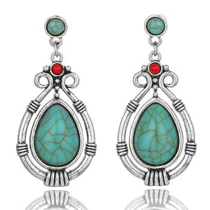 Ladies Ethnic Retro Tibetan Red Turquoise Water Drop Earrings