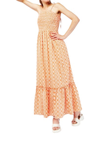 Multi Diamond Pattern Shirred Bodice Cotton Maxi Tie Strap Dress