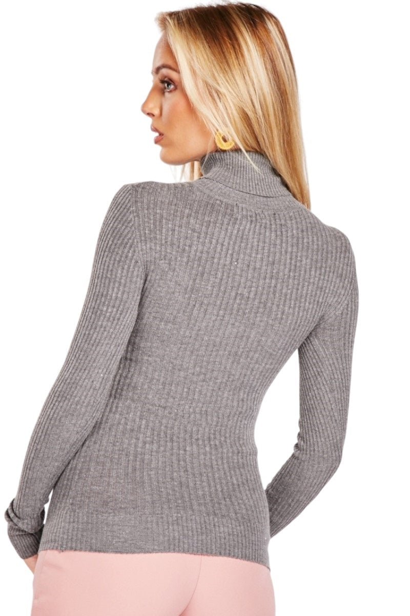 Ladies Grey Ribbed Roll High Neck Turtleneck Jumper