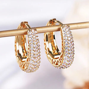 Ladies Girls Luxury Gold Plated Paved Dazzling CZ Stone Creole Huggie Earrings