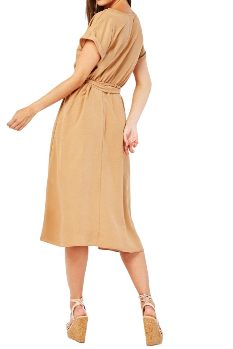 Ladies Beige Elasticated Waist Rolled Short Sleeve Belted Dress