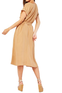 Ladies Beige Elasticated Waist Rolled Short Sleeve Belted Dress