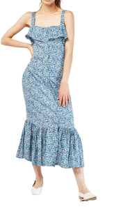 Ladies Blue Ditsy Floral Overlay Sleeveless Frill Hem Maxi Dress