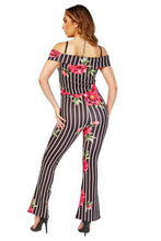 Load image into Gallery viewer, Ladies Black Multi Bold Floral Stripe Cold Adjustable Shoulder Jumpsuits
