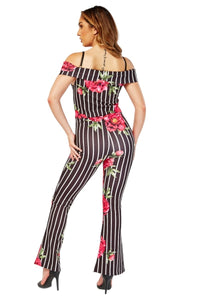 Ladies Black Multi Bold Floral Stripe Cold Adjustable Shoulder Jumpsuits
