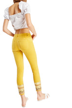 Load image into Gallery viewer, Ladies Mustard Faux Mirror Sequin Embroidery Hem Cropped Trousers
