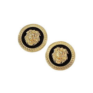 Ladies 18K Gold Round Small Lion Head Great Wall Enamel Stud Earrings