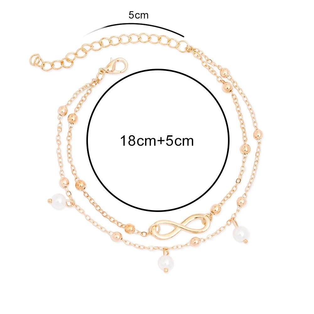 Ladies Gold Plated Two Layers Simulated Pearl Infinity Charm Anklet