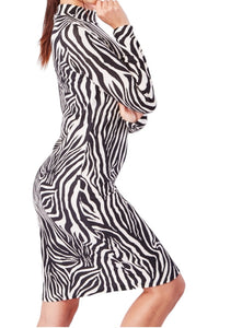 Ladies Black Cream Zebra Print High Neck Long Sleeve Dress