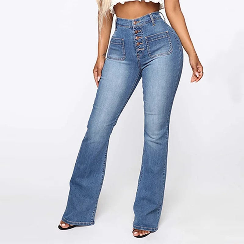 Ladies Blue Buttoned Front Stretchy Denim Straight Leg Jeans