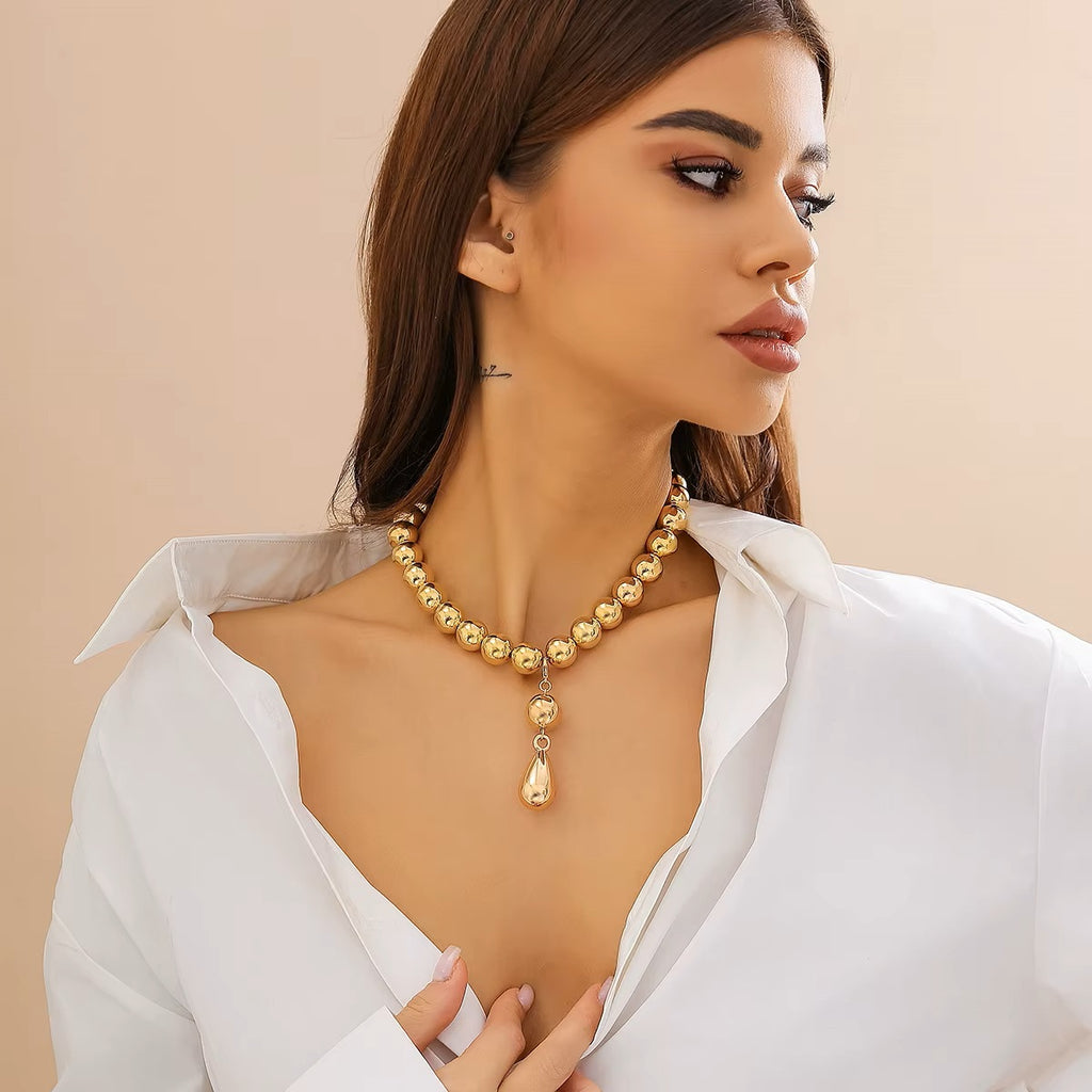 Ladies Gold Round Ball Bead Drop Pendant Chocker Necklace