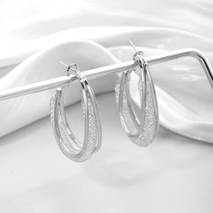Ladies Silver Oval Chunky Mesh Layered Inner Crystals Hoop Earrings