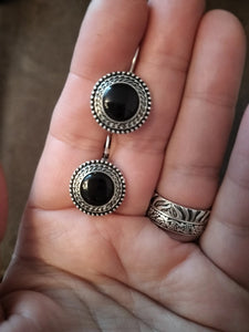 Ladies Tibetan Silver Plated Black Stone Bohemian Carved Vintage Hook Earrings