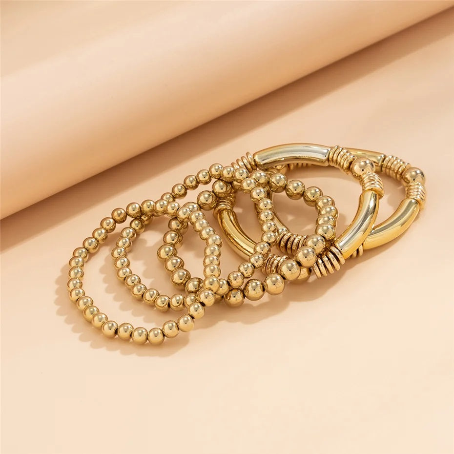 Ladies Gold Plated Chunky Round Beads 5 Set Stackable Bracelets