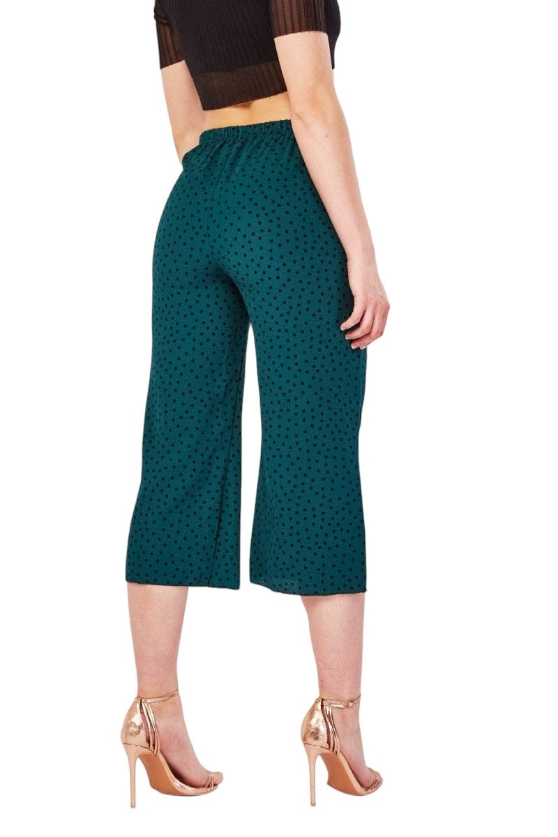 Ladies Green & Black Polka Dot Printed Wide Leg Crop Trousers